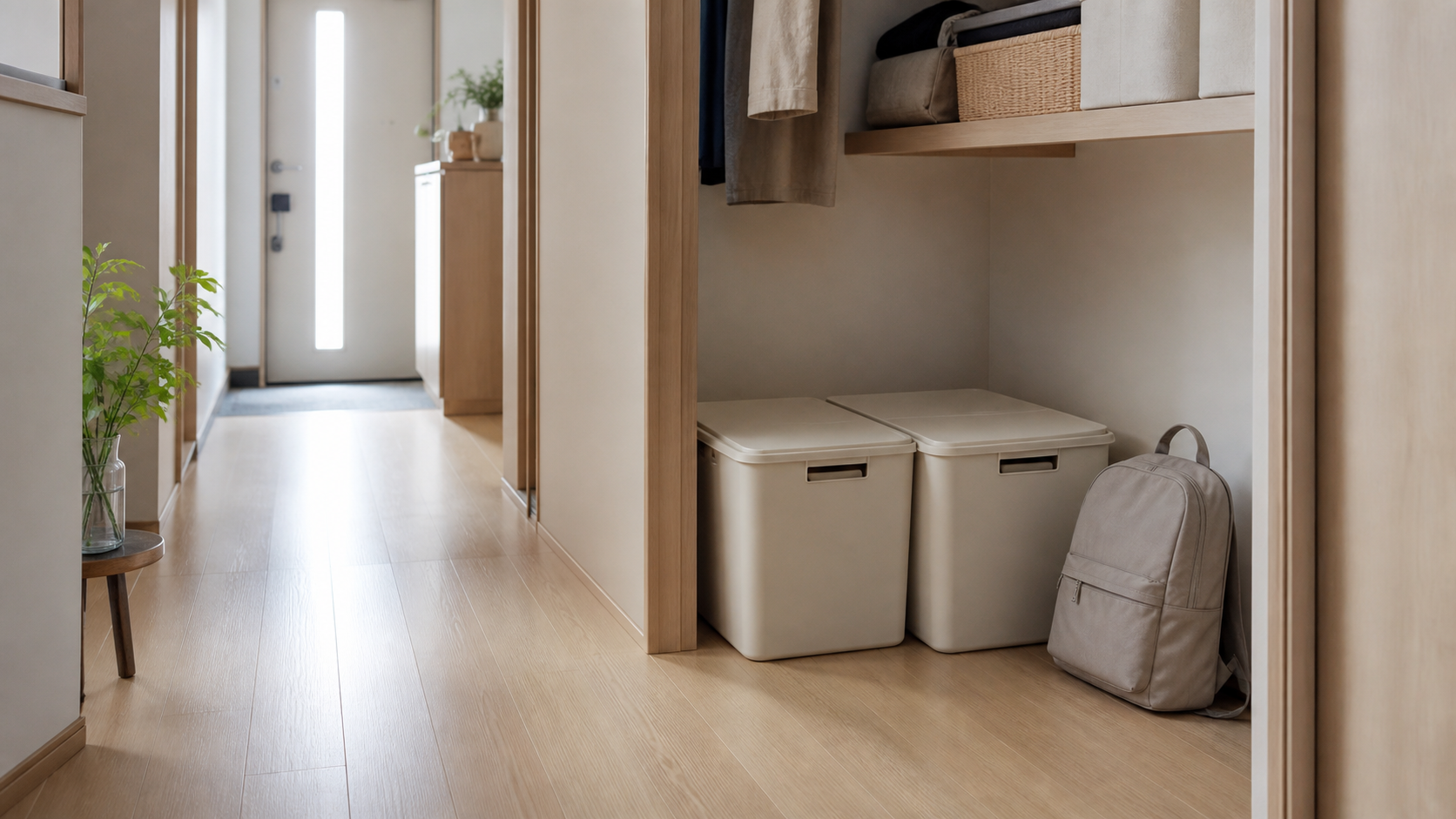 マンションの玄関近くで通路を空け、小さなバッグと収納ボックスを分けて置くイメージ
