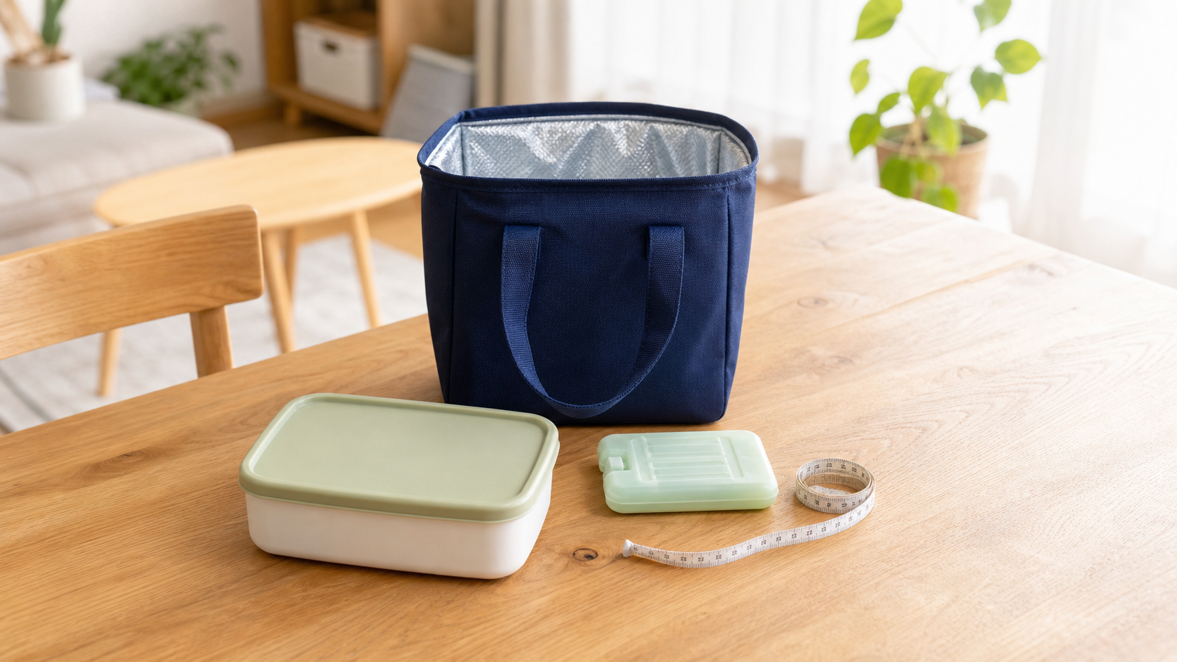 小さめ保冷バッグと弁当箱、保冷剤、メジャーをテーブルに置いて大きさを確認するイメージ