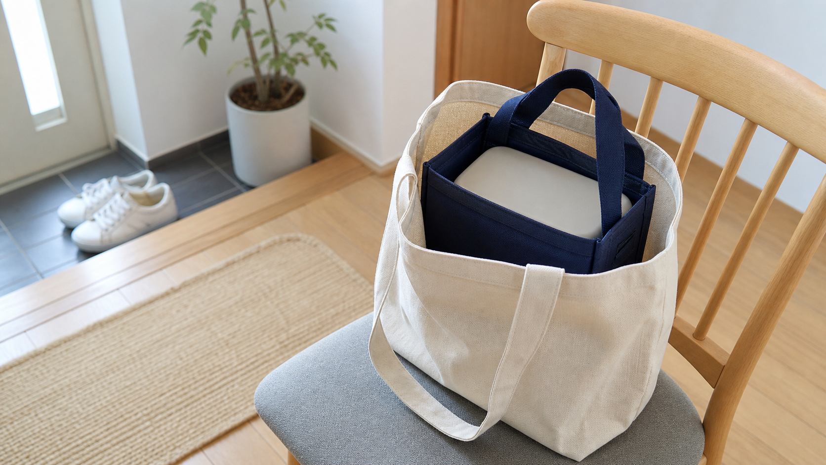 通勤バッグの中で保冷バッグを立てて入れる様子
