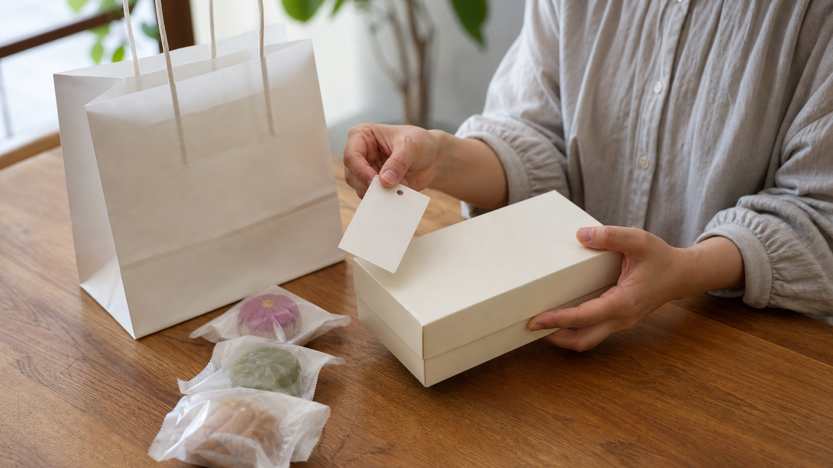 個包装の菓子箱、文字のない掛け紙の見本、手提げ袋を並べ、表書きを販売店へ確認する準備をしている様子